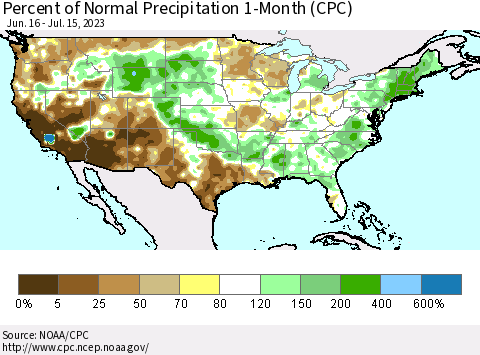 United States Percent of Normal Precipitation 1-Month (CPC) Thematic Map For 6/16/2023 - 7/15/2023