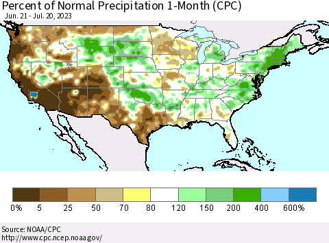 United States Percent of Normal Precipitation 1-Month (CPC) Thematic Map For 6/21/2023 - 7/20/2023