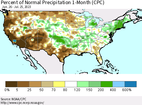 United States Percent of Normal Precipitation 1-Month (CPC) Thematic Map For 6/26/2023 - 7/25/2023