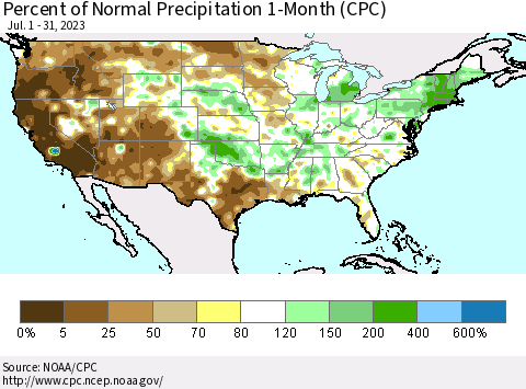 United States Percent of Normal Precipitation 1-Month (CPC) Thematic Map For 7/1/2023 - 7/31/2023
