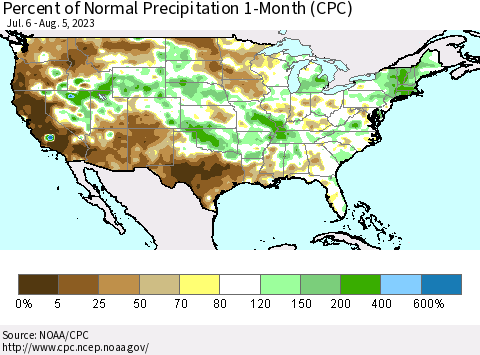 United States Percent of Normal Precipitation 1-Month (CPC) Thematic Map For 7/6/2023 - 8/5/2023