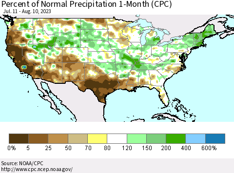 United States Percent of Normal Precipitation 1-Month (CPC) Thematic Map For 7/11/2023 - 8/10/2023