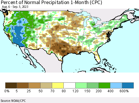 United States Percent of Normal Precipitation 1-Month (CPC) Thematic Map For 8/6/2023 - 9/5/2023