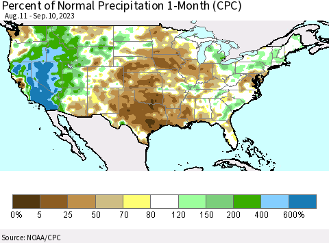 United States Percent of Normal Precipitation 1-Month (CPC) Thematic Map For 8/11/2023 - 9/10/2023