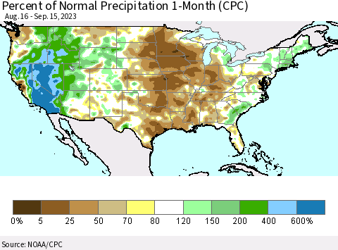 United States Percent of Normal Precipitation 1-Month (CPC) Thematic Map For 8/16/2023 - 9/15/2023