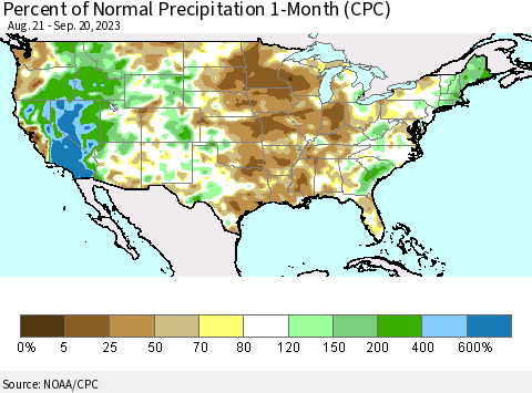 United States Percent of Normal Precipitation 1-Month (CPC) Thematic Map For 8/21/2023 - 9/20/2023