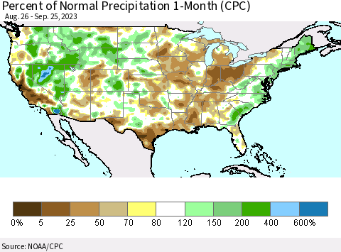 United States Percent of Normal Precipitation 1-Month (CPC) Thematic Map For 8/26/2023 - 9/25/2023