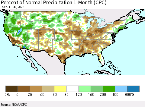 United States Percent of Normal Precipitation 1-Month (CPC) Thematic Map For 9/1/2023 - 9/30/2023