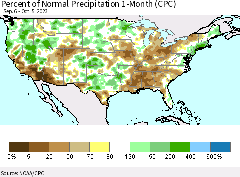 United States Percent of Normal Precipitation 1-Month (CPC) Thematic Map For 9/6/2023 - 10/5/2023