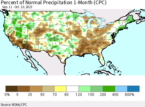 United States Percent of Normal Precipitation 1-Month (CPC) Thematic Map For 9/11/2023 - 10/10/2023