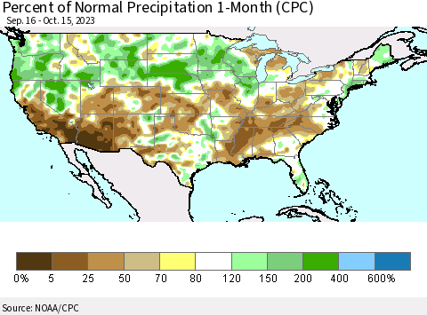 United States Percent of Normal Precipitation 1-Month (CPC) Thematic Map For 9/16/2023 - 10/15/2023
