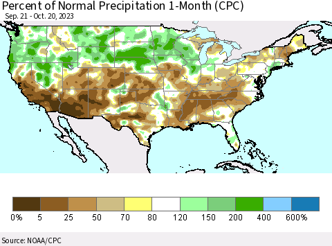 United States Percent of Normal Precipitation 1-Month (CPC) Thematic Map For 9/21/2023 - 10/20/2023
