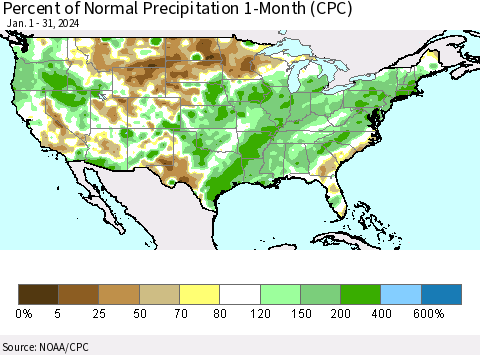 United States Percent of Normal Precipitation 1-Month (CPC) Thematic Map For 1/1/2024 - 1/31/2024