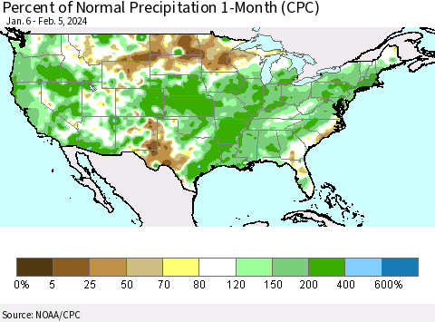 United States Percent of Normal Precipitation 1-Month (CPC) Thematic Map For 1/6/2024 - 2/5/2024