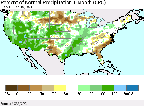 United States Percent of Normal Precipitation 1-Month (CPC) Thematic Map For 1/11/2024 - 2/10/2024