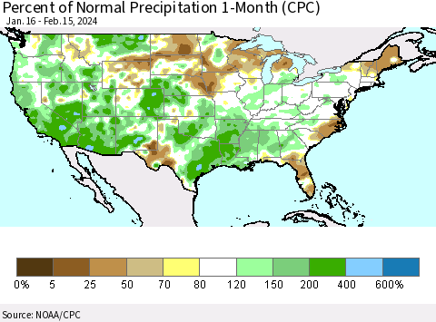 United States Percent of Normal Precipitation 1-Month (CPC) Thematic Map For 1/16/2024 - 2/15/2024