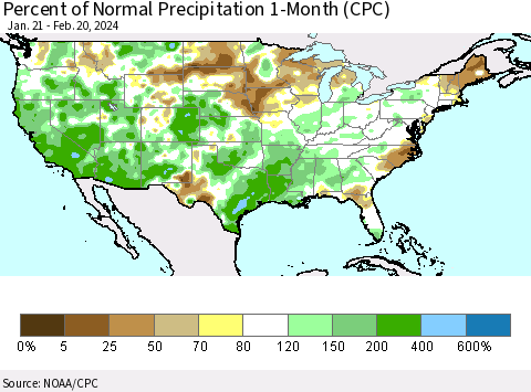 United States Percent of Normal Precipitation 1-Month (CPC) Thematic Map For 1/21/2024 - 2/20/2024