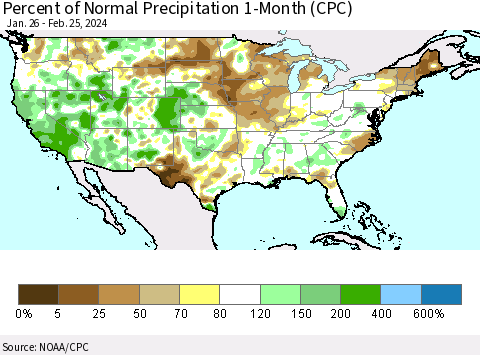 United States Percent of Normal Precipitation 1-Month (CPC) Thematic Map For 1/26/2024 - 2/25/2024