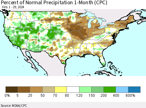United States Percent of Normal Precipitation 1-Month (CPC) Thematic Map For 2/1/2024 - 2/29/2024