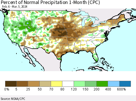 United States Percent of Normal Precipitation 1-Month (CPC) Thematic Map For 2/6/2024 - 3/5/2024