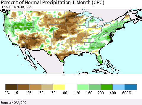 United States Percent of Normal Precipitation 1-Month (CPC) Thematic Map For 2/11/2024 - 3/10/2024