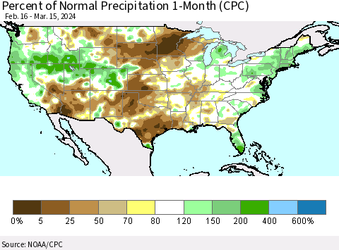 United States Percent of Normal Precipitation 1-Month (CPC) Thematic Map For 2/16/2024 - 3/15/2024