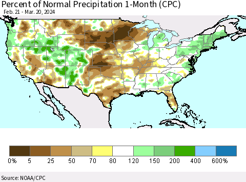 United States Percent of Normal Precipitation 1-Month (CPC) Thematic Map For 2/21/2024 - 3/20/2024