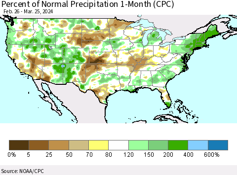 United States Percent of Normal Precipitation 1-Month (CPC) Thematic Map For 2/26/2024 - 3/25/2024