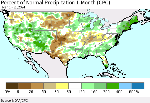 United States Percent of Normal Precipitation 1-Month (CPC) Thematic Map For 3/1/2024 - 3/31/2024