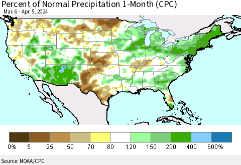 United States Percent of Normal Precipitation 1-Month (CPC) Thematic Map For 3/6/2024 - 4/5/2024
