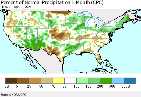 United States Percent of Normal Precipitation 1-Month (CPC) Thematic Map For 3/11/2024 - 4/10/2024