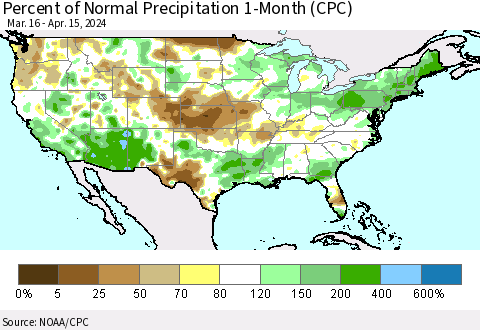 United States Percent of Normal Precipitation 1-Month (CPC) Thematic Map For 3/16/2024 - 4/15/2024