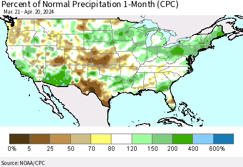 United States Percent of Normal Precipitation 1-Month (CPC) Thematic Map For 3/21/2024 - 4/20/2024