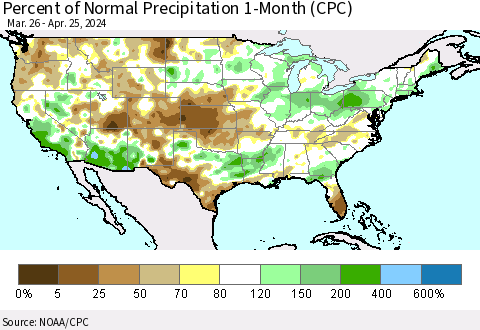 United States Percent of Normal Precipitation 1-Month (CPC) Thematic Map For 3/26/2024 - 4/25/2024