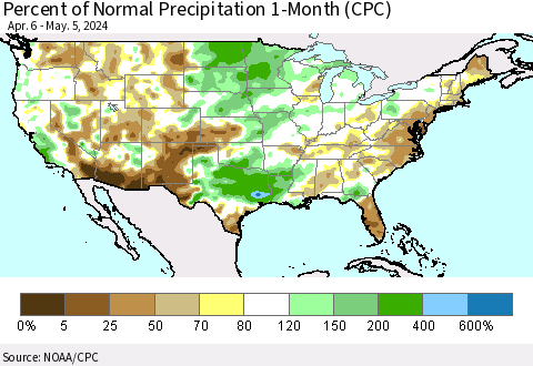 United States Percent of Normal Precipitation 1-Month (CPC) Thematic Map For 4/6/2024 - 5/5/2024