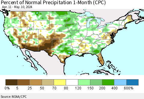 United States Percent of Normal Precipitation 1-Month (CPC) Thematic Map For 4/11/2024 - 5/10/2024