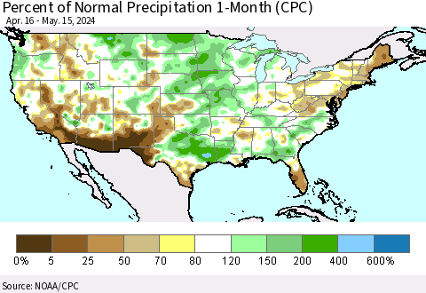 United States Percent of Normal Precipitation 1-Month (CPC) Thematic Map For 4/16/2024 - 5/15/2024