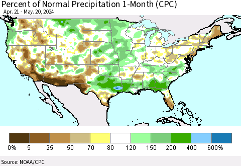 United States Percent of Normal Precipitation 1-Month (CPC) Thematic Map For 4/21/2024 - 5/20/2024