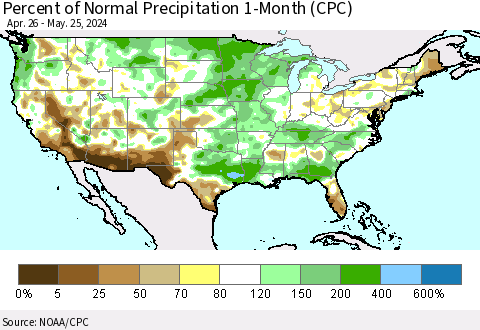 United States Percent of Normal Precipitation 1-Month (CPC) Thematic Map For 4/26/2024 - 5/25/2024