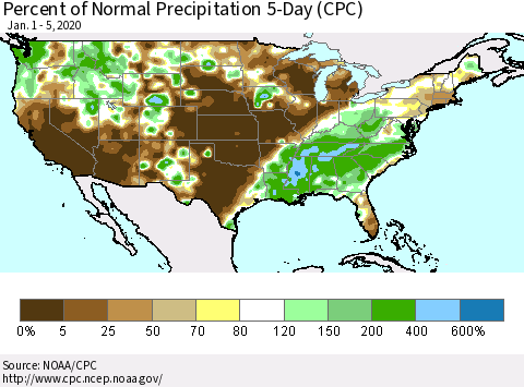 United States Percent of Normal Precipitation 5-Day (CPC) Thematic Map For 1/1/2020 - 1/5/2020