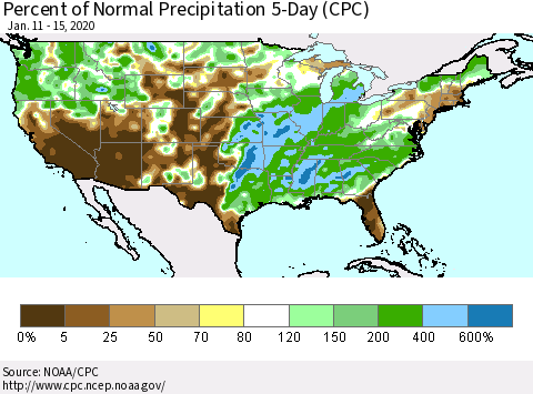 United States Percent of Normal Precipitation 5-Day (CPC) Thematic Map For 1/11/2020 - 1/15/2020