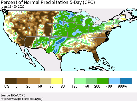 United States Percent of Normal Precipitation 5-Day (CPC) Thematic Map For 1/16/2020 - 1/20/2020