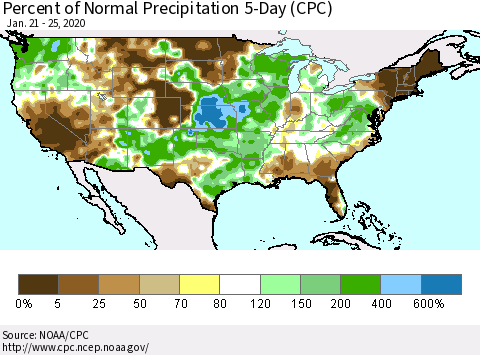 United States Percent of Normal Precipitation 5-Day (CPC) Thematic Map For 1/21/2020 - 1/25/2020