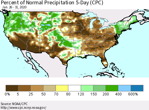 United States Percent of Normal Precipitation 5-Day (CPC) Thematic Map For 1/26/2020 - 1/31/2020