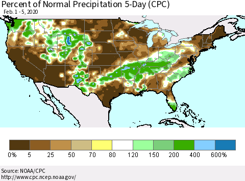 United States Percent of Normal Precipitation 5-Day (CPC) Thematic Map For 2/1/2020 - 2/5/2020