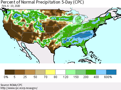 United States Percent of Normal Precipitation 5-Day (CPC) Thematic Map For 2/6/2020 - 2/10/2020