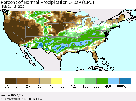 United States Percent of Normal Precipitation 5-Day (CPC) Thematic Map For 2/11/2020 - 2/15/2020