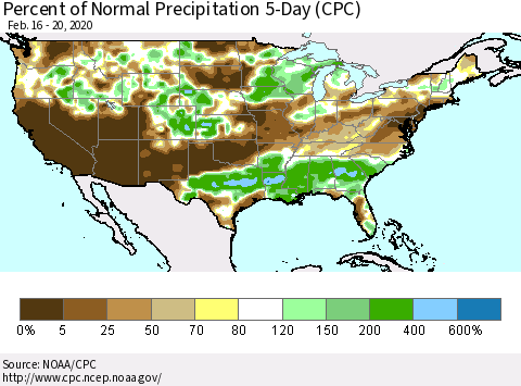 United States Percent of Normal Precipitation 5-Day (CPC) Thematic Map For 2/16/2020 - 2/20/2020