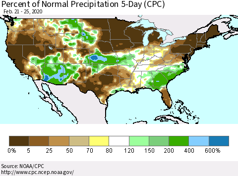 United States Percent of Normal Precipitation 5-Day (CPC) Thematic Map For 2/21/2020 - 2/25/2020