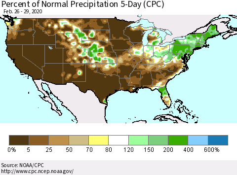 United States Percent of Normal Precipitation 5-Day (CPC) Thematic Map For 2/26/2020 - 2/29/2020